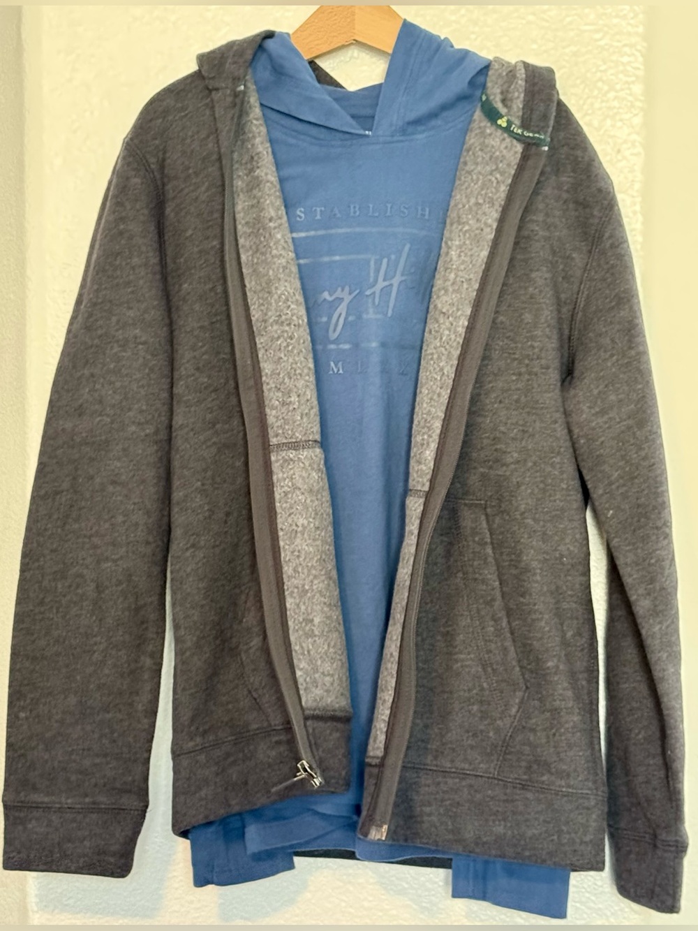 Bundle -Kid’s Charcoal Gray Full-Zip Hoodie (M) and Blue long sleeve tee (12-14)
